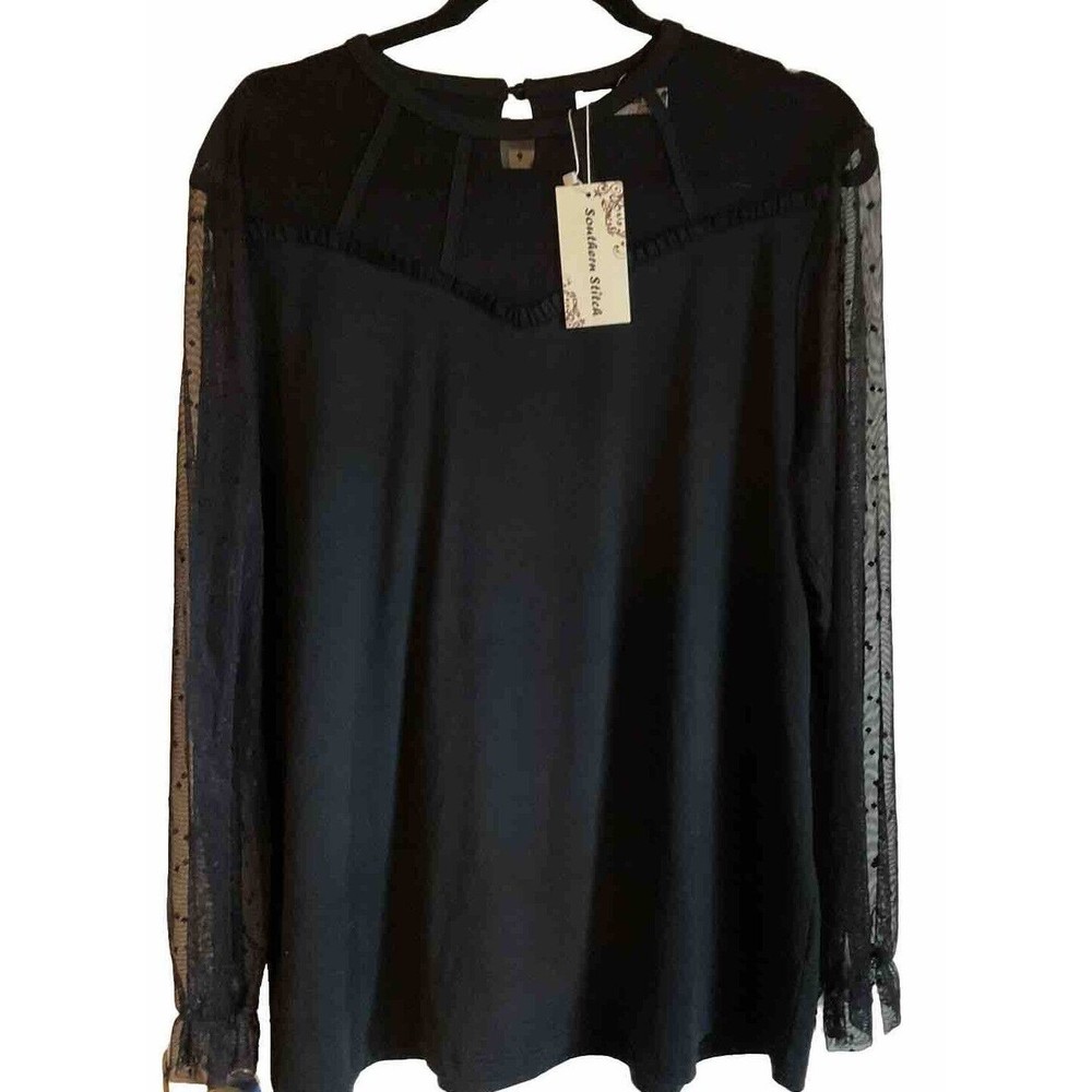 Southern Stitch Black Sheer Netting Sleeves Blouse. Medium.    LTOP592